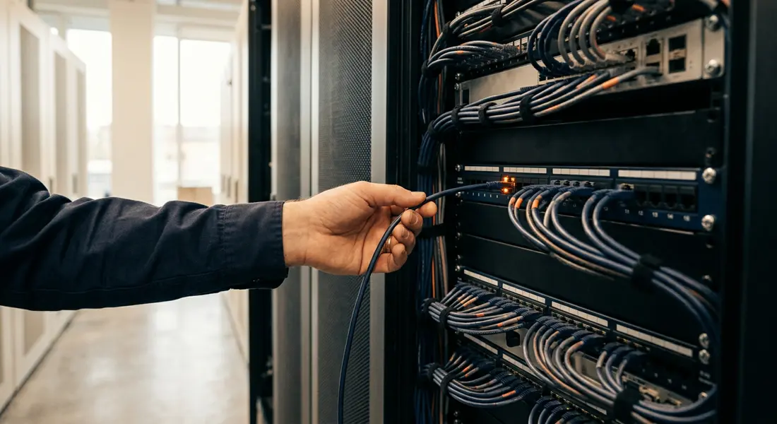 Engineer connecting a patch cable in a server rack